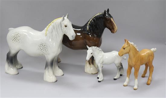 A collection of four Beswick Horses: Shire mare grey 818, Shire mare brown 818, Shire foal palomino 951 tallest 21cm
